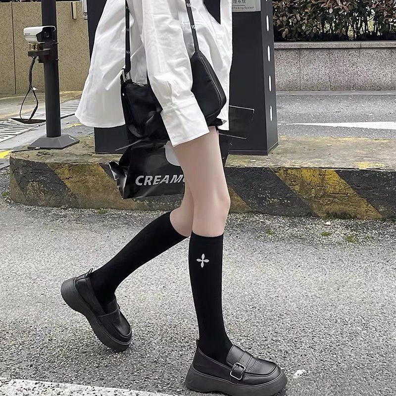 Jiashucheng Tất Cổ Cao Vừa Màu Trắng Đen Phong Cách Nhật Bản Dễ Phối Đồ Cho Nữ Sinh