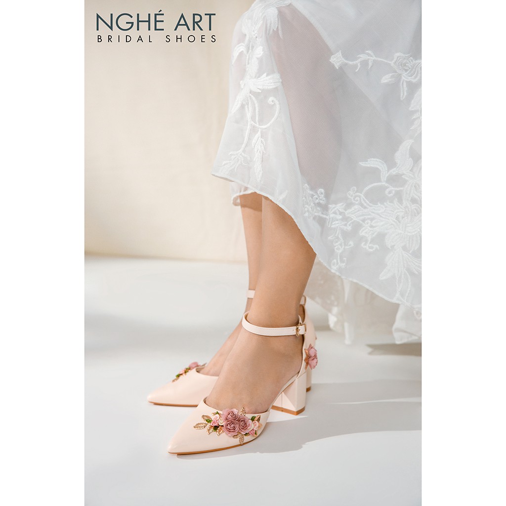 Giày cưới Nghé Art hoa 298 trắng