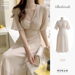 (ORDER) Váy voan hoa bi cộc tay cổ V nhún ngực thắt eo xòe dài style MORAN vintage Hàn Quốc điệu đà