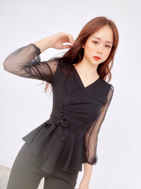 Áo peplum cúc bọc thiết kế ( kèm ảnh trải sàn tự chụp)