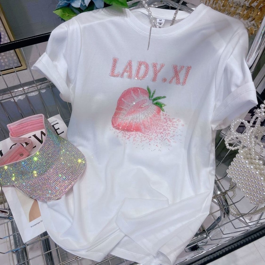 Áo Thun Cotton Nguyên Chất In Họa Tiết Dâu Tây Đính Đá