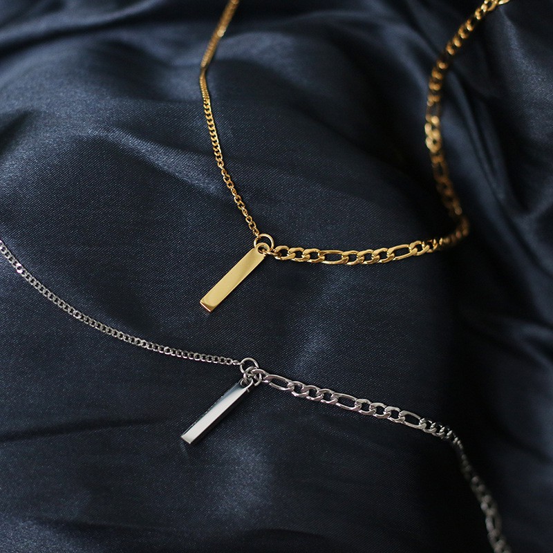 Dây chuyền titan xích 2 kiểu phối thanh ngắn không gỉ có thể khắc chữ