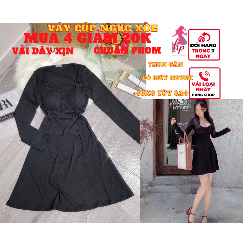 Váy đầm nữ cúp ngực có mút body dáng xòe tay dài màu đen thun gân sexy phong cách sang chảnh hàn VD142