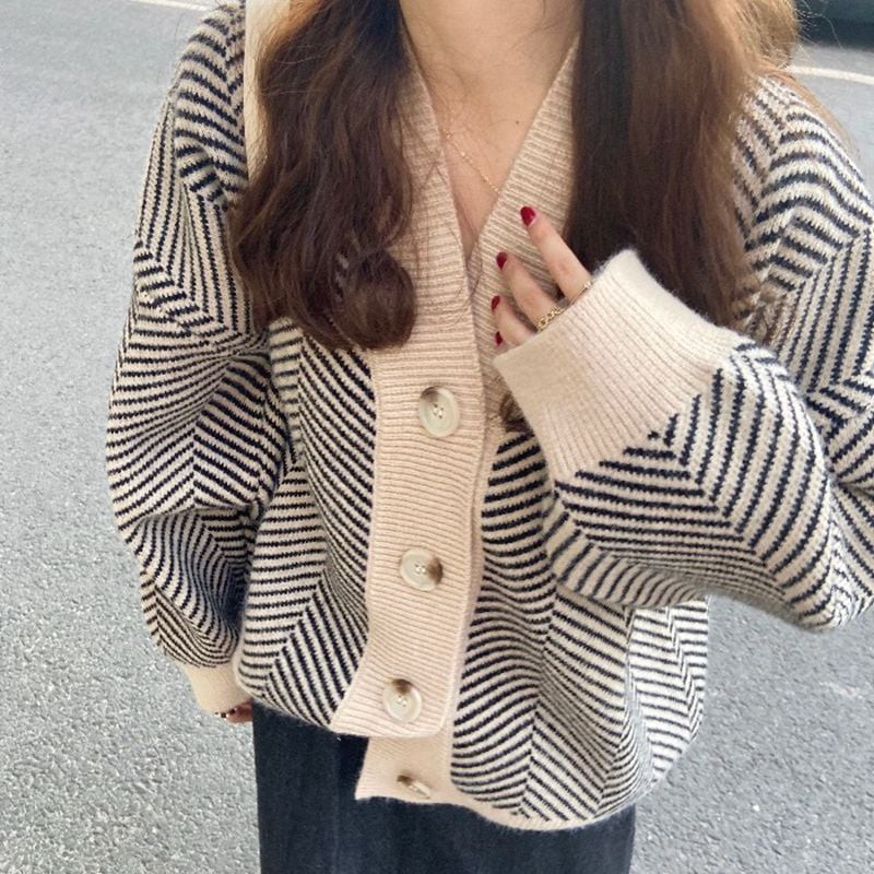 (Sẵn trắng kem + viền kem) Áo khoác cardigan len đan sọc zic zac trẻ trung thanh lịch