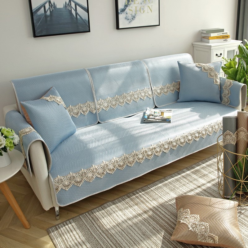 Tấm trải ghế sofa mẫu mới chất vải lụa lạnh phối ren thoáng khí phong cách Âu Mỹ phù hợp cho mùa hè