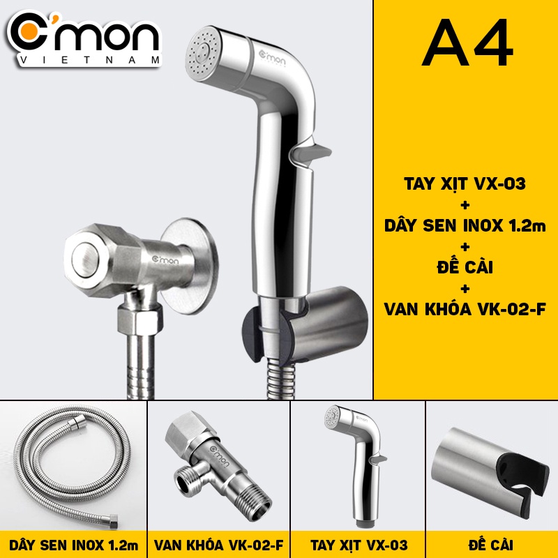 Bộ vòi xịt vệ sinh tăng áp TÙY CHỈNH ÁP LỰC NƯỚC cao cấp C'mon VX-03 + Van khóa F C'mon VK-02-F