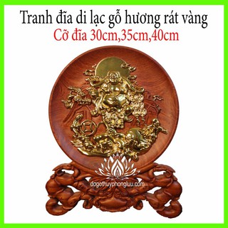 Tranh đĩa phong thủy di lạc nhị phúc gỗ hương rát vàng