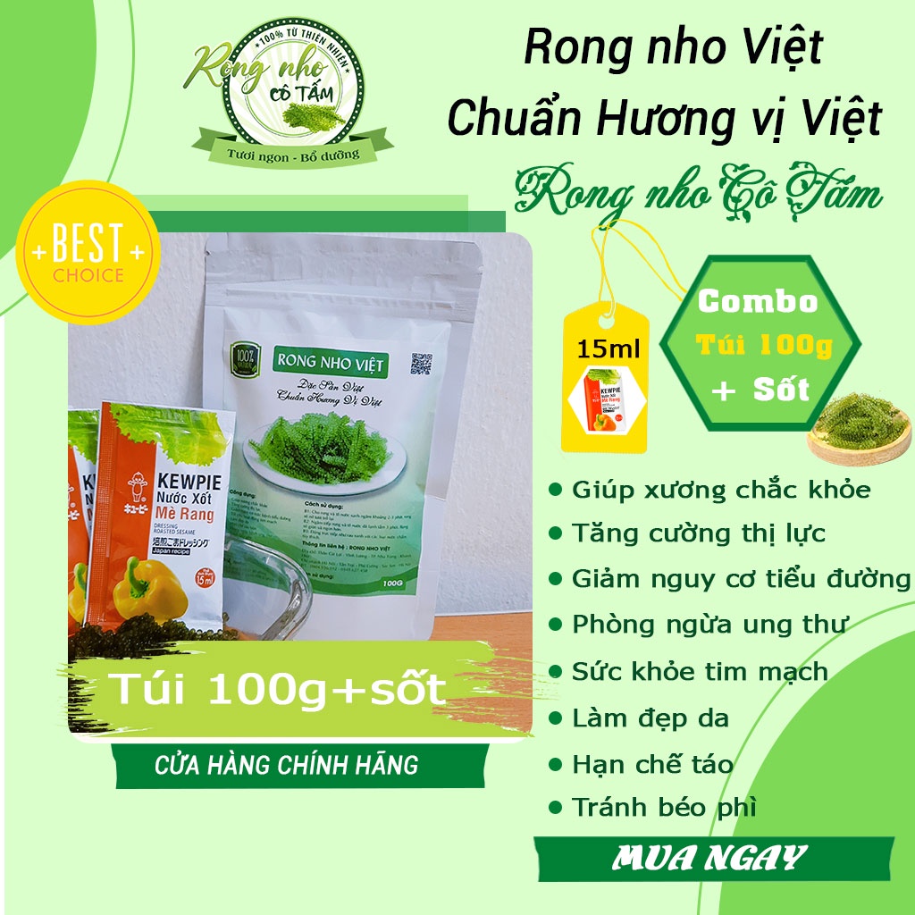 Rong nho biển, 𝑭𝑹𝑬𝑬𝑺𝑯𝑰𝑷, rong nho khô, rong nho Việt cao cấp,công nghệ tách nước Nhật Bản - Gói 100g(Tặng kèm sốt 15ml)