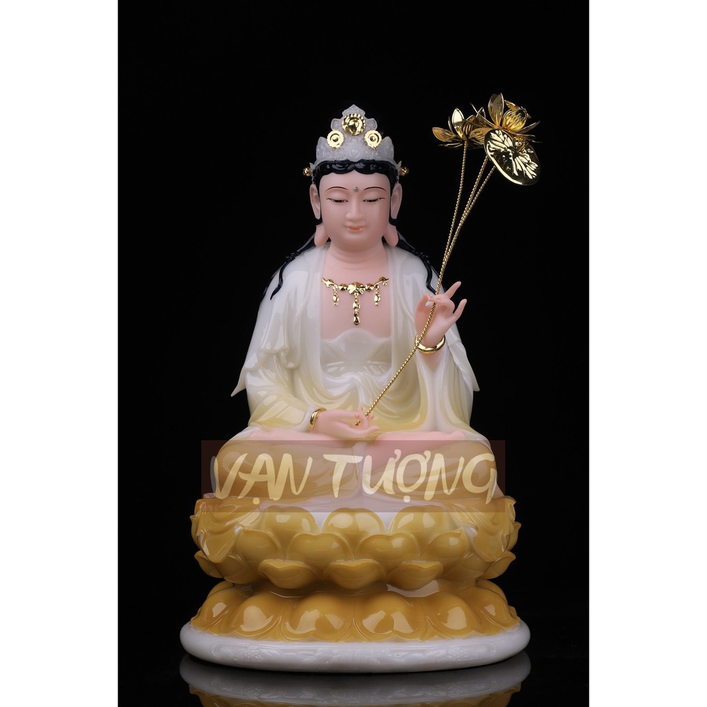 [ẢNH THẬT] Tượng Phật Đại Thế Chí Bồ Tát Ngồi Đài Sen Đá Cao Cấp Vàng Trắng