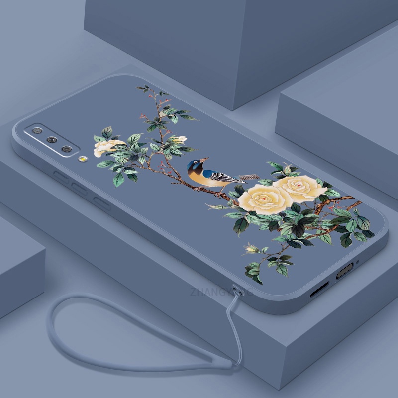 Ốp Điện Thoại TPU Mềm Họa Tiết Hoa Và Chim Có Dây Đeo Cho Samsung a70 a7