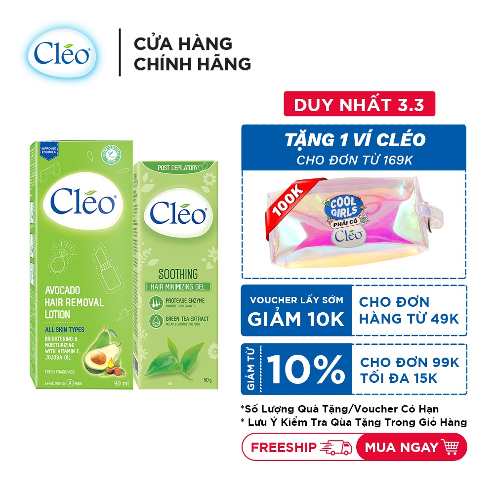 Bộ đôi Lotion Kem Tẩy Lông Cléo dạng sữa Avocado 90ml + Gel Dưỡng Da Sau Tẩy Lông Cleo 50g