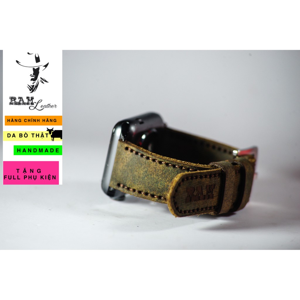 Dây đồng hồ da bò cao cấp màu quân đội RAM Leather - tặng khóa chốt và cây thay dây