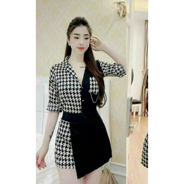Sét Bộ nữ áo Vest Croptop Mix Chân Váy Kẻ Thời Trang cao cấp GKM