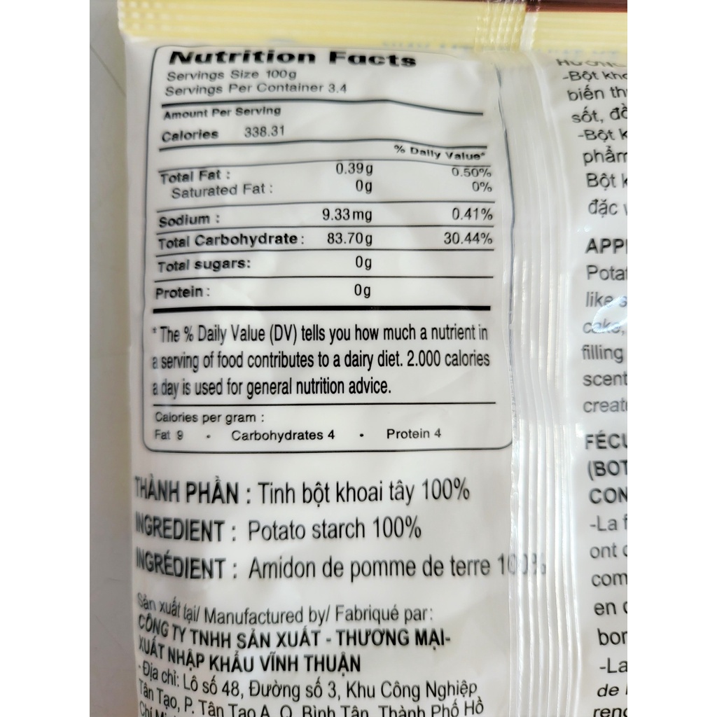 [Túi 340g] BỘT KHOAI TÂY [VN] VĨNH THUẬN Potato Starch (btn-hk)