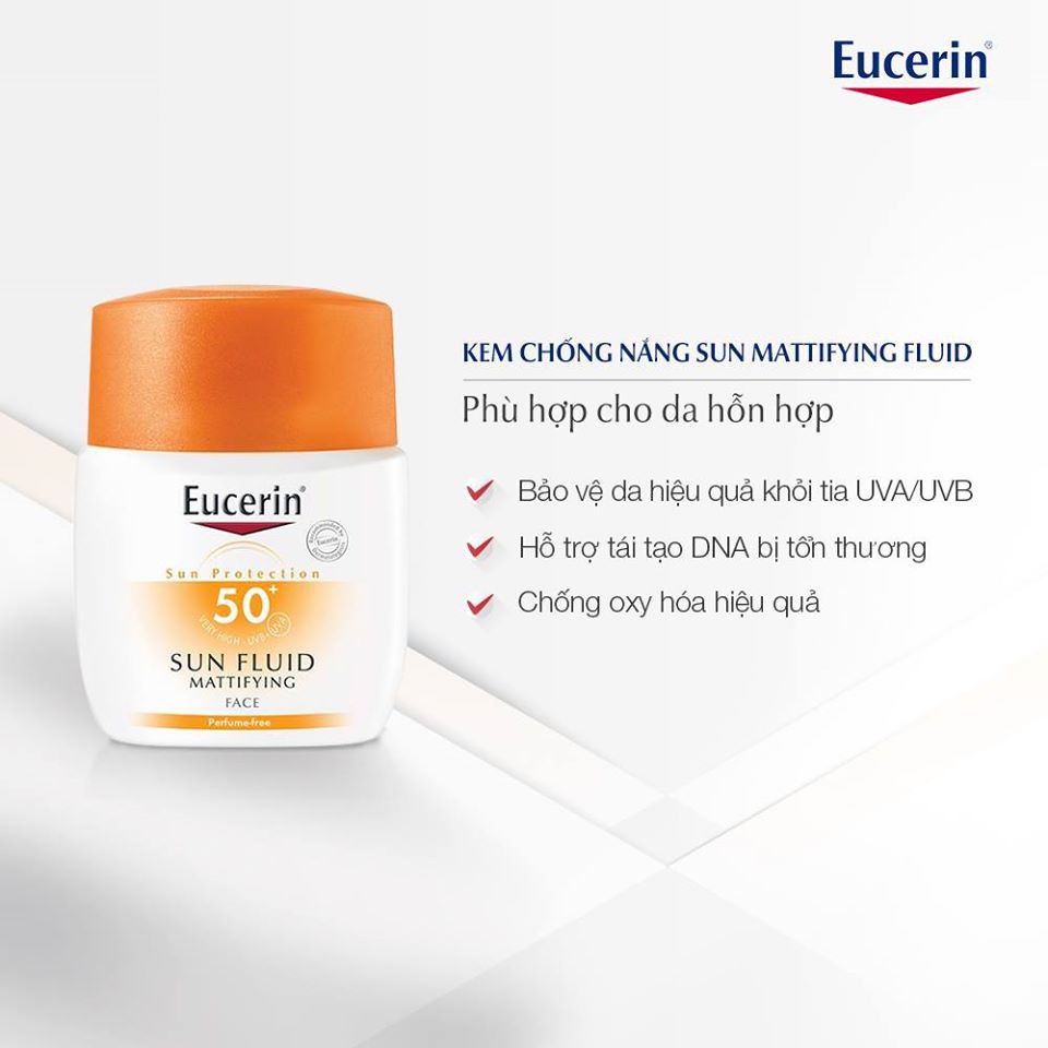 Kem chống nắng không gây nhờn rít Eucerin sun fluid mattifying face SPF 50+ 50ml TẶNG mặt nạ Sexylook (Nhập khẩu