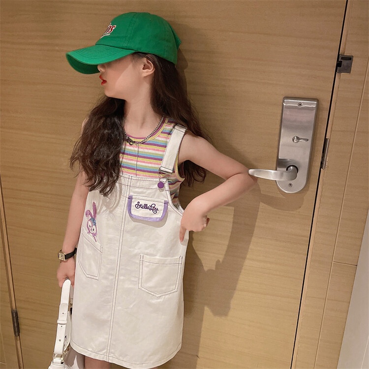 Bộ Áo Thun Hai Dây Kẻ Sọc + Đầm Yếm Thoải Mái Chất Lượng Dành Cho Bé Gái 5-6 Tuổi 6-7 Tuổi 7-8 Tuổi 8-9 Tuổi 9-10 Tuổi 10-11-12 Tuổi