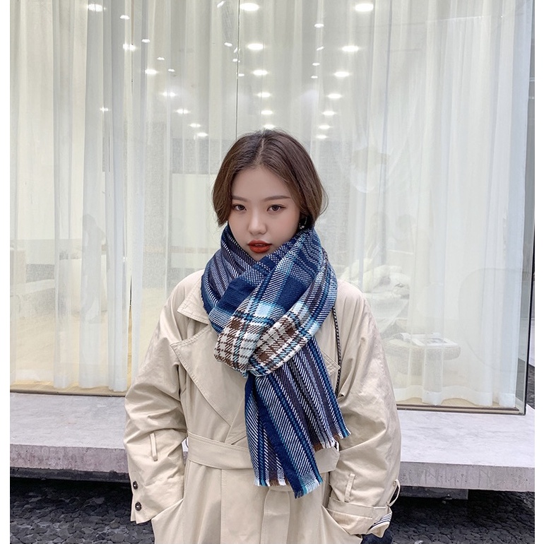 ~Rẻ nhất~ Khăn len Dongdaemun Hàn Quốc quàng cổ mùa đông ấm áp họa tiết kẻ xanh sọc phụ kiện đôi nam nữ