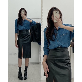 Cv855 chân váy midi da xẻ tà dáng ôm audrey