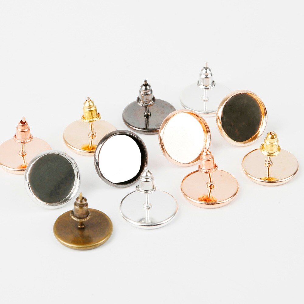 Bộ 50 khung khuyên tai / nút tròn trơn 14mm / kích thước đế 12mm mặt kính màu vàng / bạc / đồng