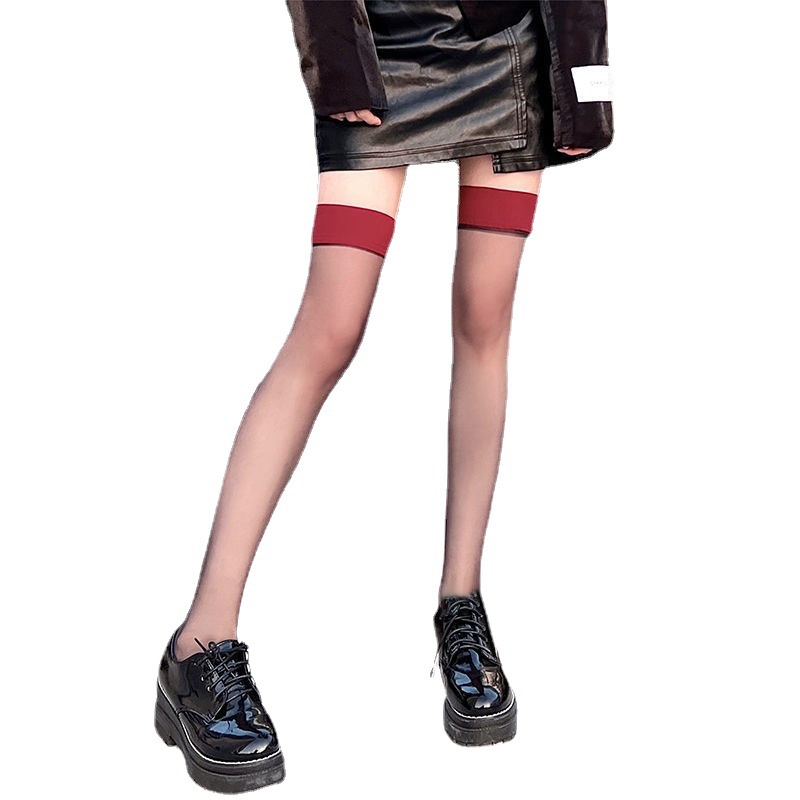 Vớ Dài Qua Gối Bằng Lụa Mỏng Viền Đỏ Đen Quyến Rũ Cho Nữ