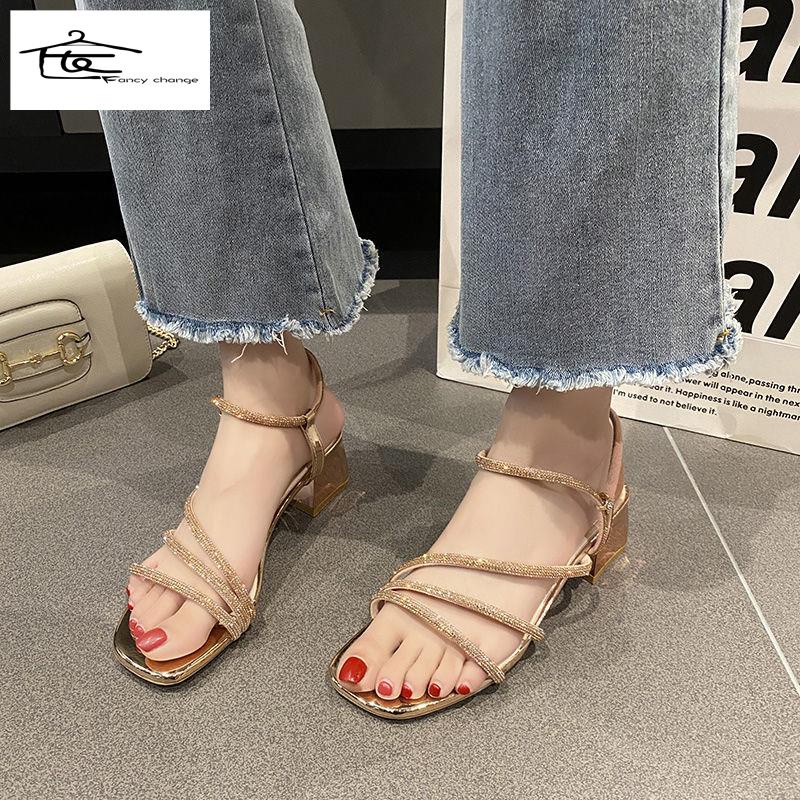 Giày Sandal Cao Gót Đế Dày Đính Đá Thời Trang Mùa Hè Cho Nữ