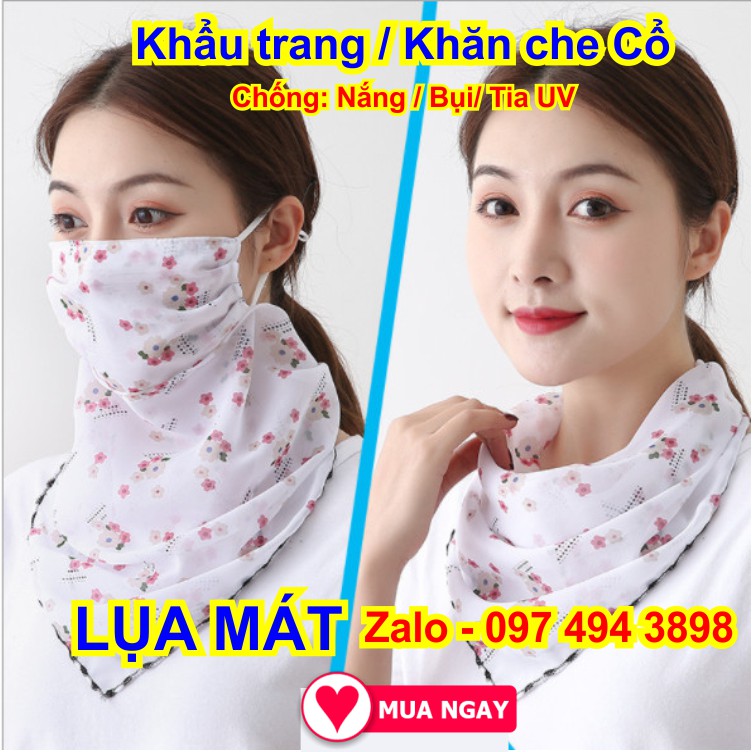 Khẩu trang kèm khăn che cổ bằng vải lụa mát, chống nắng mặt &amp; cổ mát rượi hoa văn trắng