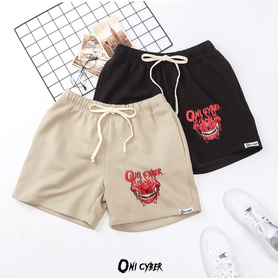 Quần đùi ống rộng hiphop ONI CYBER chất đẹp, quần short nỉ Unisex nam nữ bassic 2 màu đen và màu be in logo QONI03 | BigBuy360 - bigbuy360.vn