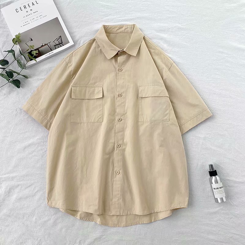 Áo sơ mi tay ngắn dáng rộng vải cotton thiết kế đơn giản phong cách Hàn Quốc thời trang cho unisex