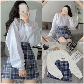 sét chân váy kẻ áo dài tay