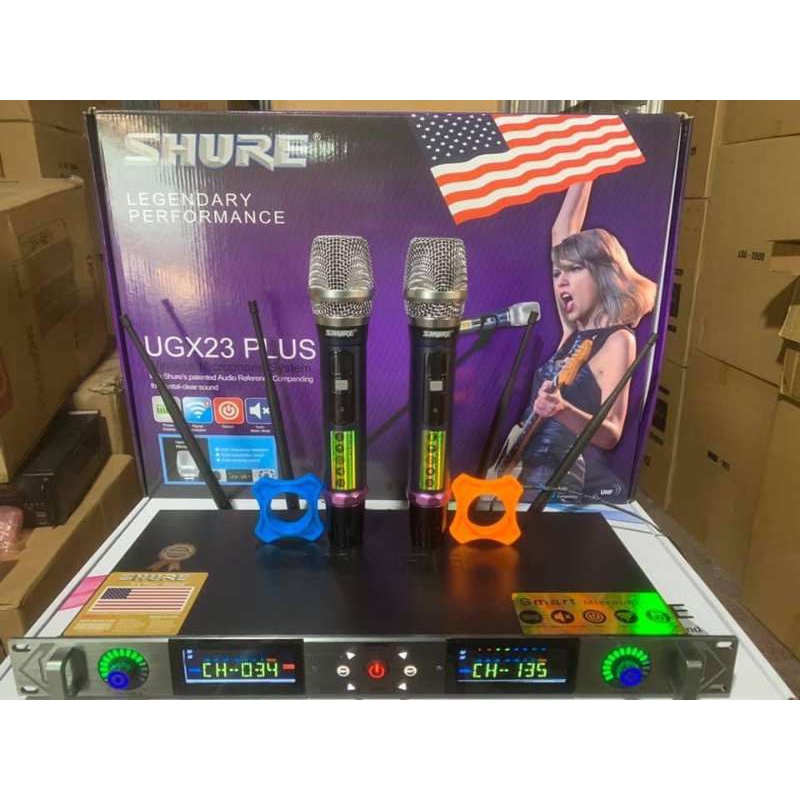 Micro Không Dây SHURE UGX 23 PLUS Cảm Biến Tự Ngắt, Dò Sóng Chỉnh Tần Số Hiện Đại. Dòng Karaoke Cao Cấp Quán Hát.