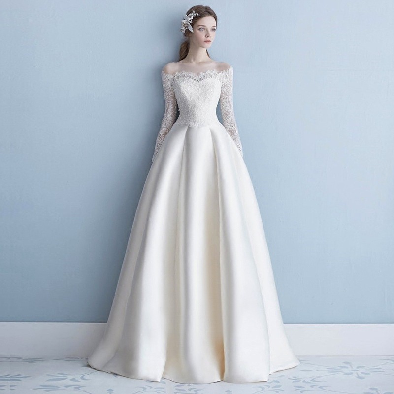 Đầm Cưới Satin Dài Tay Phối Ren Màu Trắng Trăng Mật Đơn Giản Mẫu Mới