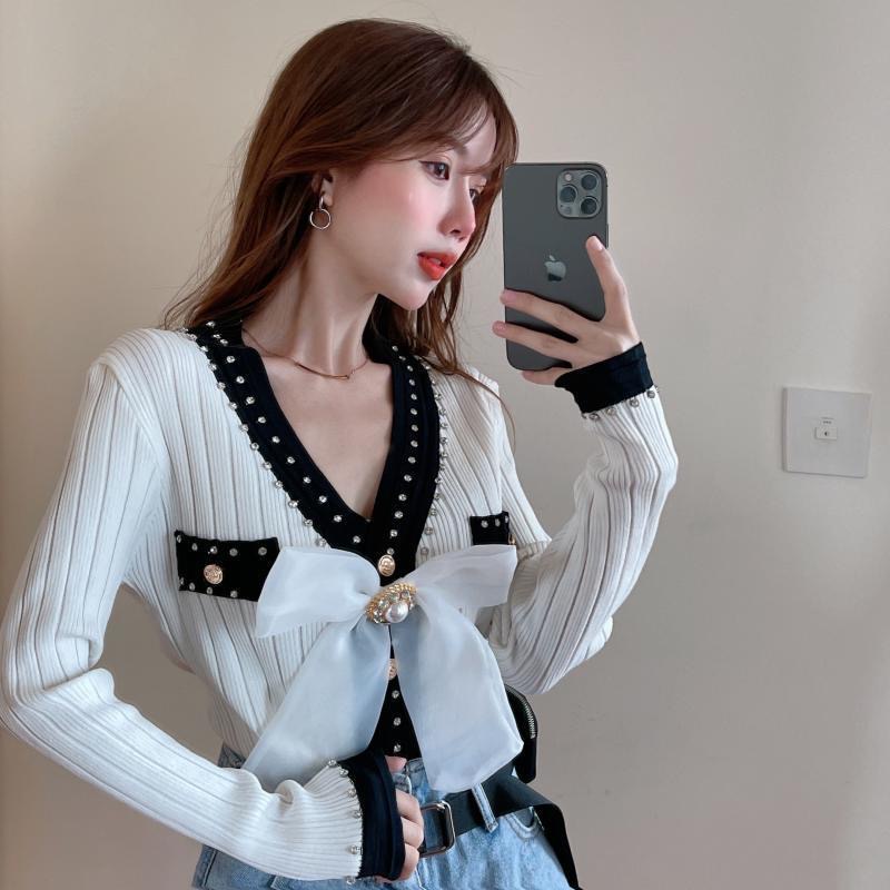 Áo len Nữ dài tay đóng cúc đính kim đá có ren mềm mại 2 màu mới 2022 mềm mịn sang trọng | BigBuy360 - bigbuy360.vn