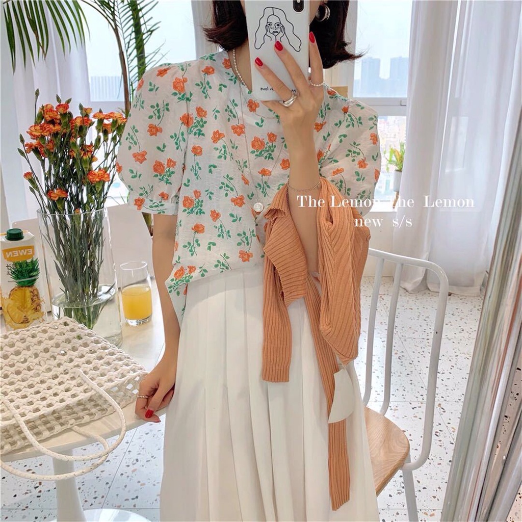 Áo Croptop Kiểu Tay Phồng Hoạ Tiết Hoa Nhí Phong Cách Hàn Quốc Vintage Cho Nữ