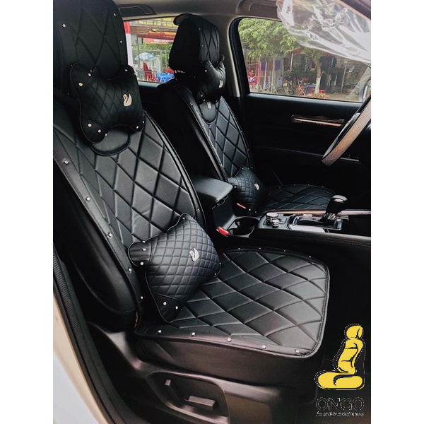 Áo Ghế Ô tô Da Trần Chỉ Trám Logo Thiên Nga/Vương Miện - Tặng Bọc Vô Lăng + Tựa Đầu + Tựa Lưng