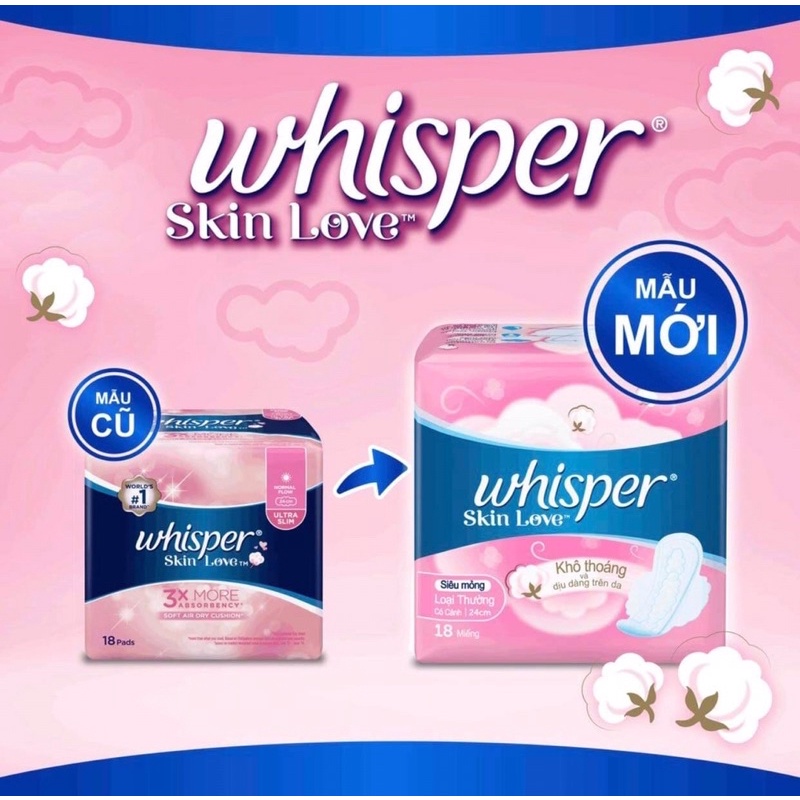 Băng vệ sinh Whisper Skin Love mặt bông siêu mỏng cánh loại cho ngày và đêm (24cm/28cm/31cm)