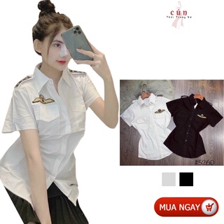 Áo Sơ Mi Cơ Trưởng Tay Ngắn Màu Trắng Túi Hai Bên Chất Kate Nhật Cao Cấp Thời Trang