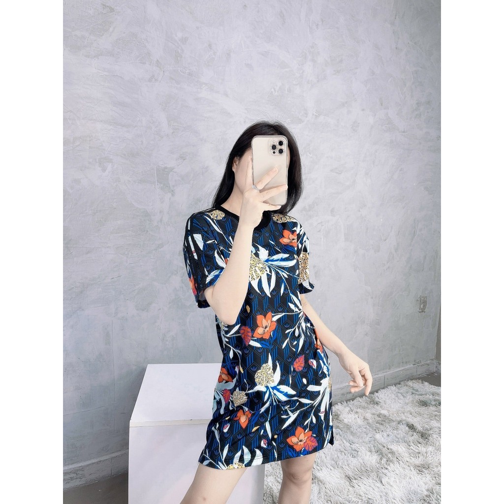 Váy suông Da.s tím than hoa đỏ vàng