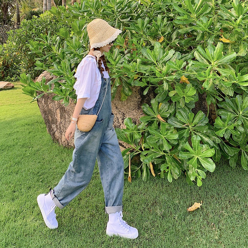 Quần Yếm Jean Dài Eo Cao Dáng Rộng Phong Cách Hàn Quốc Thời Trang Xuân Thu 2022