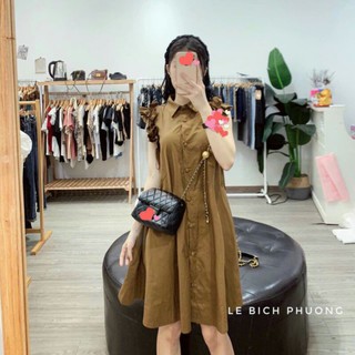 Đầm bầu công sở chất thô freesize dưới 65kg váy bầu khuy bọc tay bèo