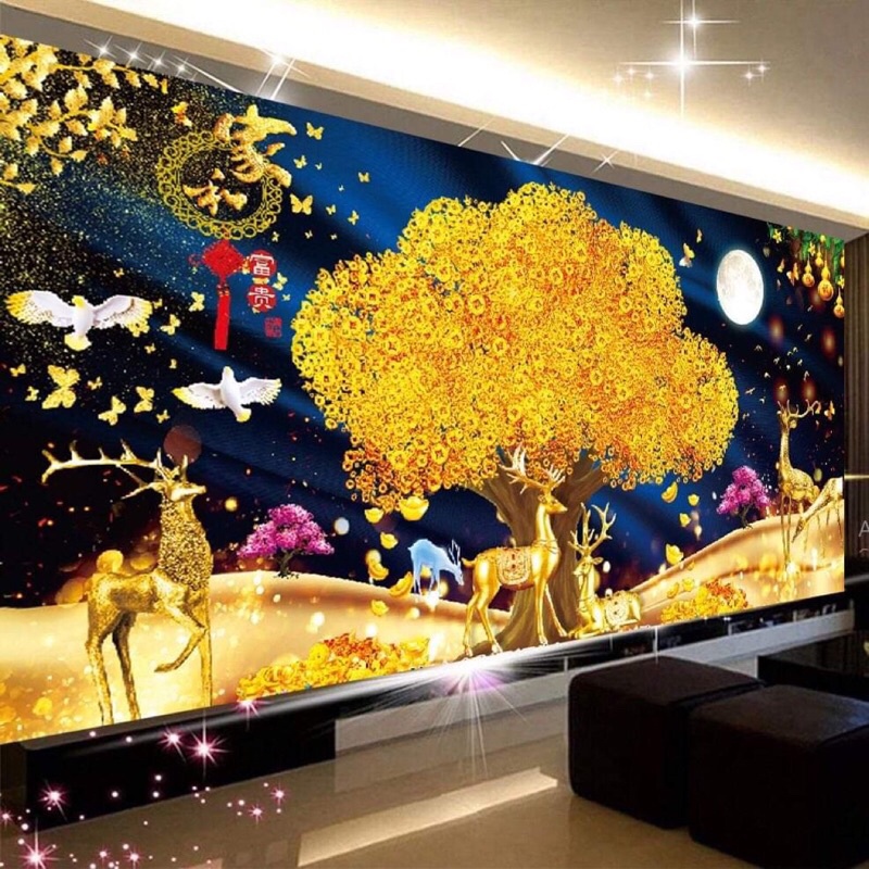 tranh thêu chữ thập hươu và cây tài lộc 100x55cm