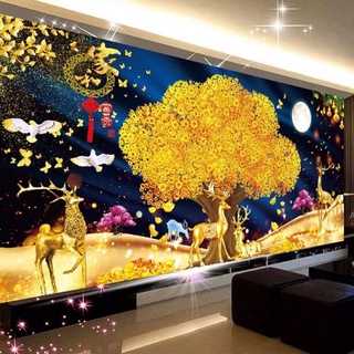 tranh thêu chữ thập hươu và cây tài lộc 100x55cm