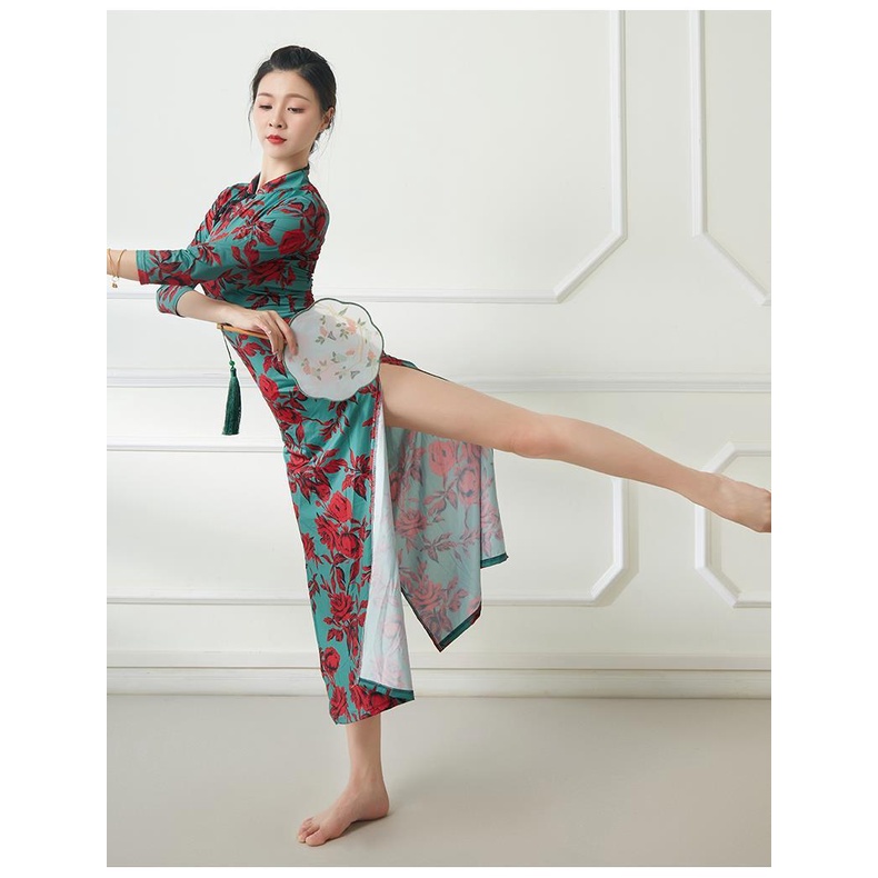 Chinese-style classical dance elastic printed slimming cheongsam dance clothing Chinese dance practice clothes national performance clothing for women