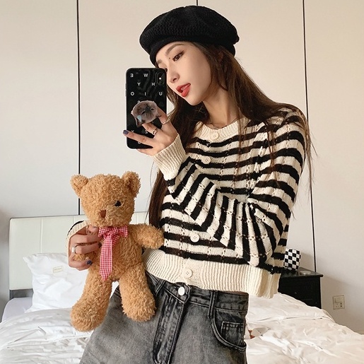 Áo cardigan dệt kim ZHELIHANGFEI tay dài eo cao họa tiết sọc đơn giản cá tính