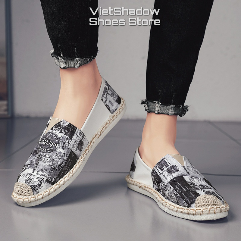 Giày lười vải nam đế cói in họa tiết - Slip on nam - Chất liệu vải bố cotton 2 màu đỏ và xám - Mã 2951