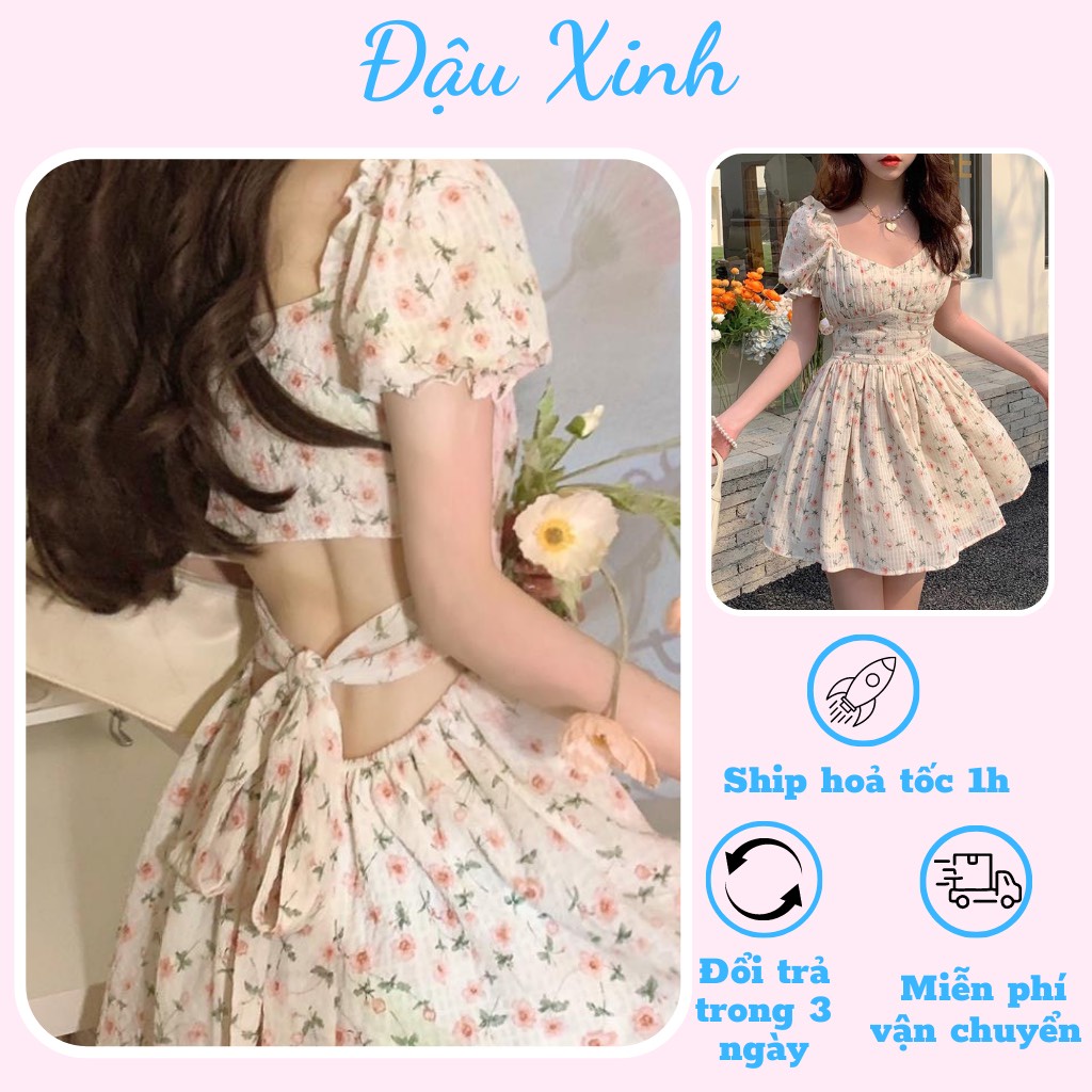 Váy đầm nữ hở lưng đi biển hoa nhí tay phồng nữ tính shop Đậu Xinh -V507