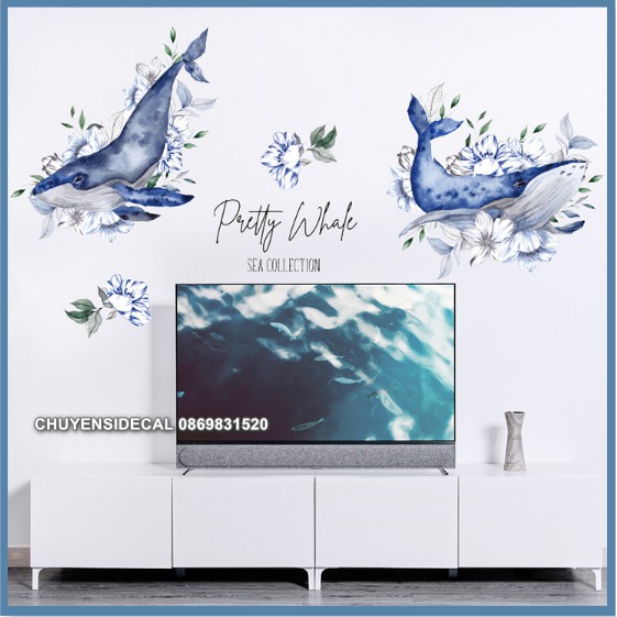 Decal trang trí tường - Cá Voi Xanh Hoa Cổ điển