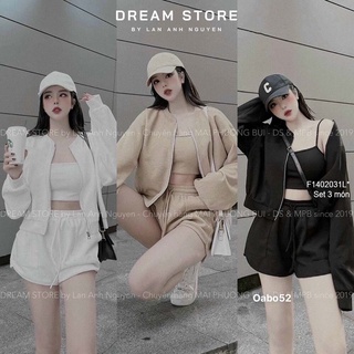 Set thể thao 3 món áo khoác kéo khóa tay dài áo croptop 2 dây phối quần short!