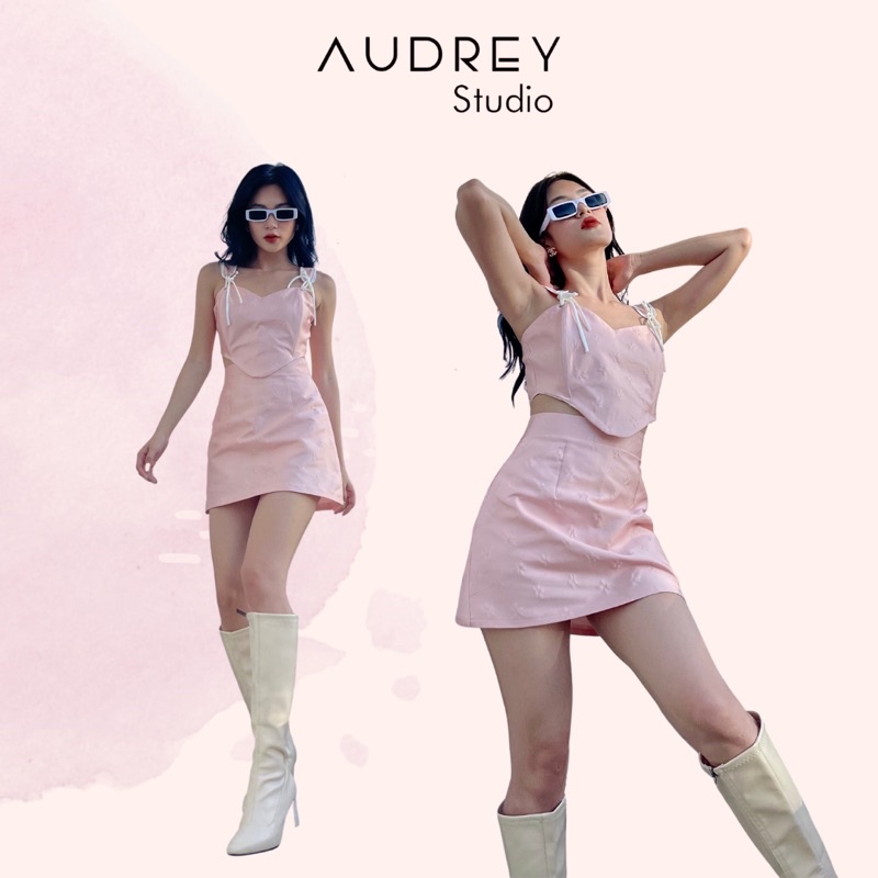 Set áo corset kèm chân váy chữ A gấm - Audrey Studio