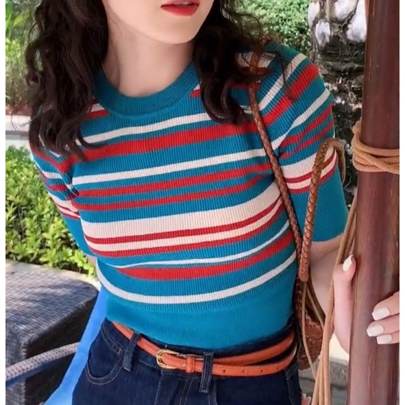 Áo dệt kim ZHELIHANGFEI ngắn tay cổ tròn họa tiết kẻ sọc trẻ trung