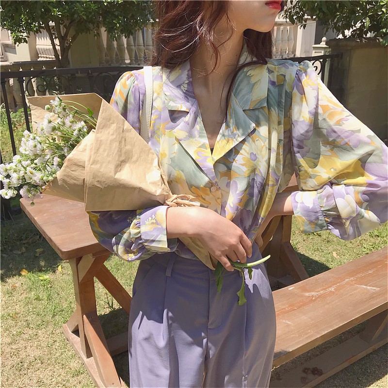 (ORDER) Áo sơ mi nữ dài tay cổ vets hoa lá sơn dầu style girl Korea retro cá tính thanh lịch (MẪU _MỚI_2020)